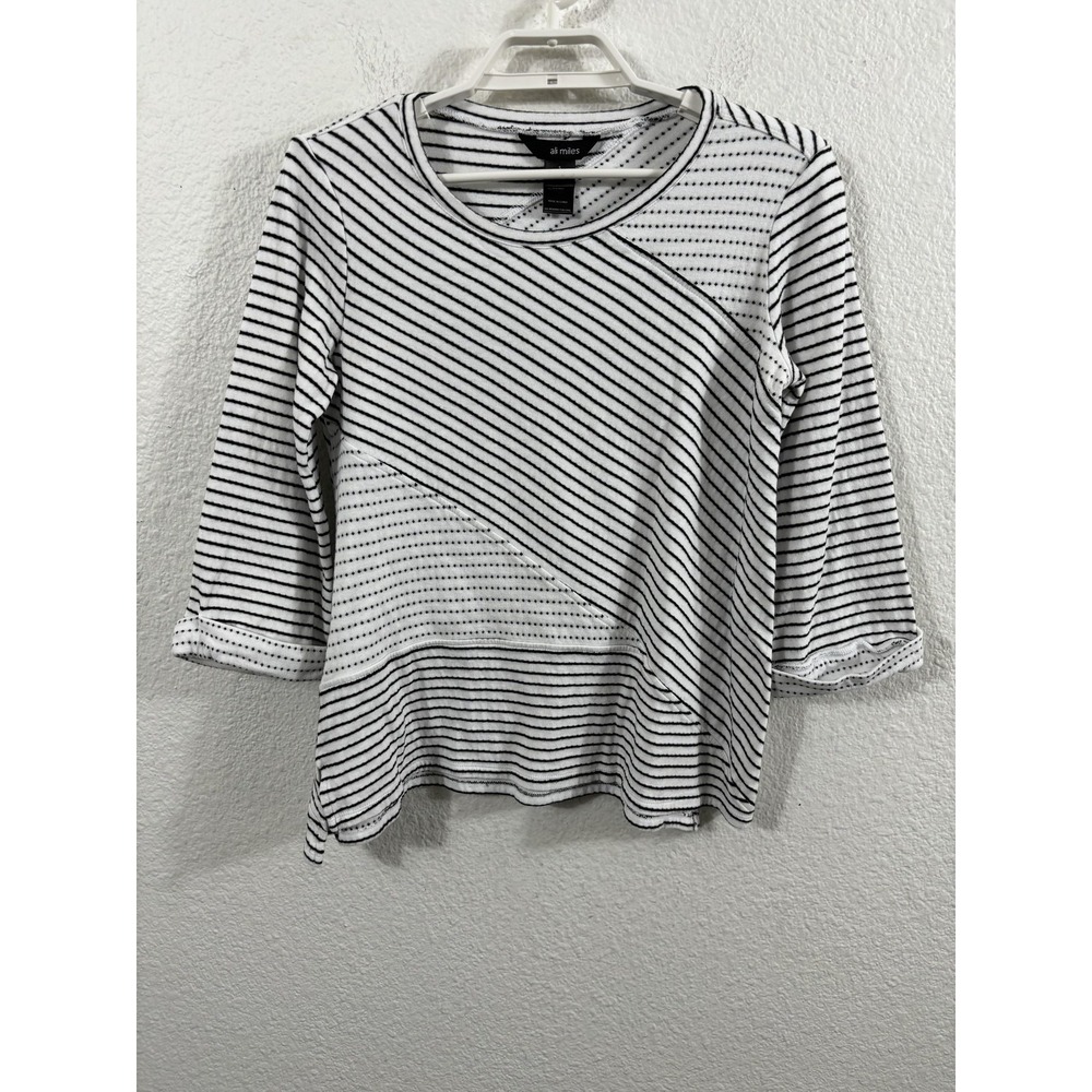Ali Miles Shirt Womens Small White Black Striped Dot 3/4 Sleeve Knit Top Paneled